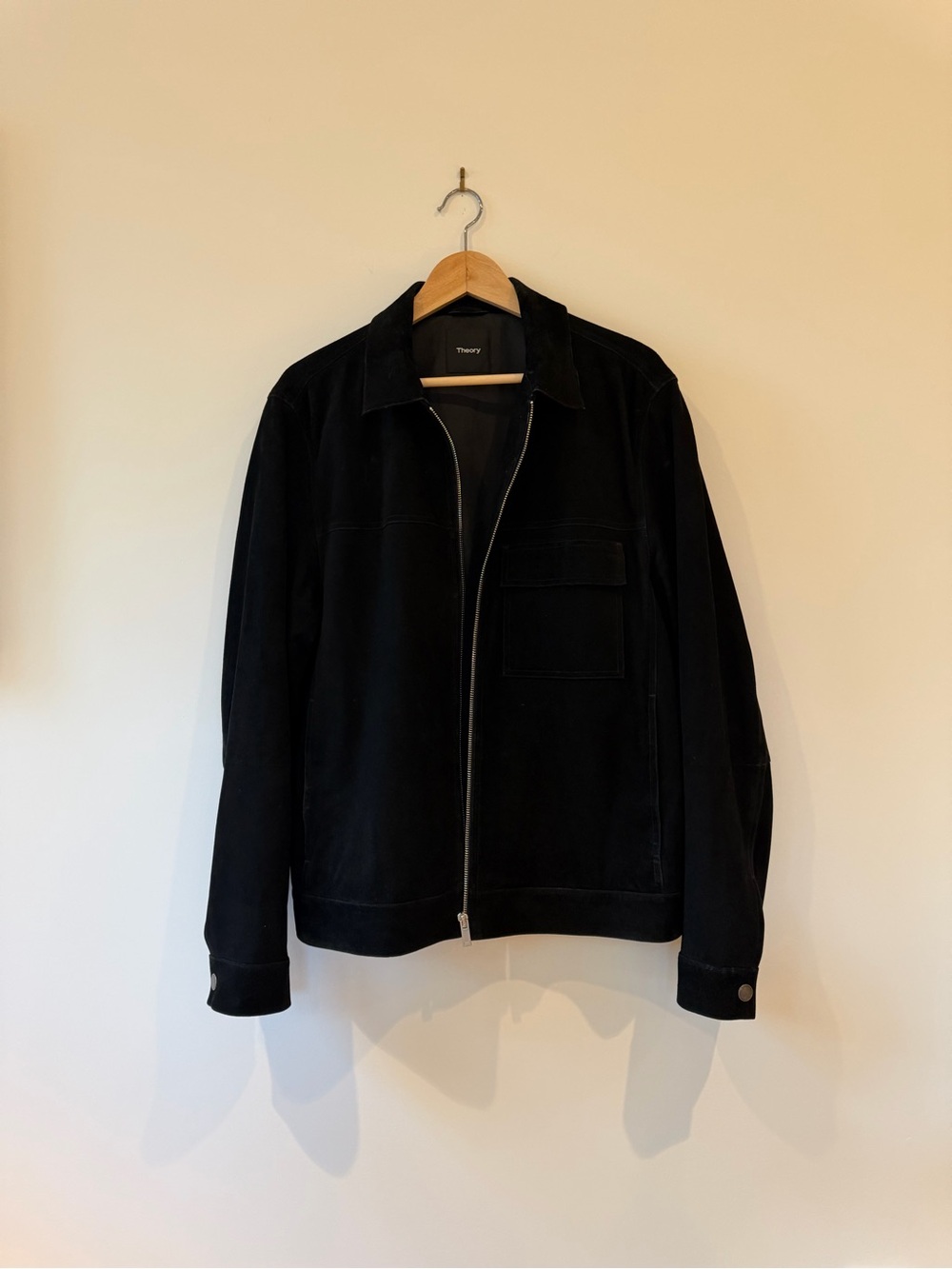 Theory Men’s Black Suede Jacket Full Zip Lined Point Collar Size L